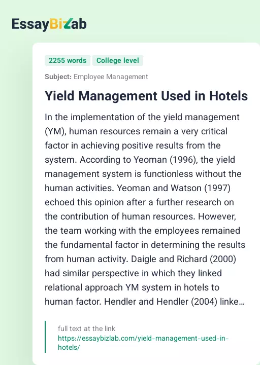 Yield Management Used in Hotels - Essay Preview