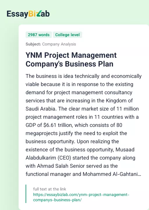 YNM Project Management Company's Business Plan - Essay Preview
