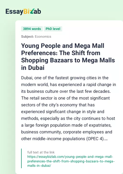 Young People and Mega Mall Preferences: The Shift from Shopping Bazaars to Mega Malls in Dubai - Essay Preview