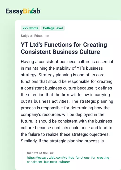 YT Ltd's Functions for Creating Consistent Business Culture - Essay Preview