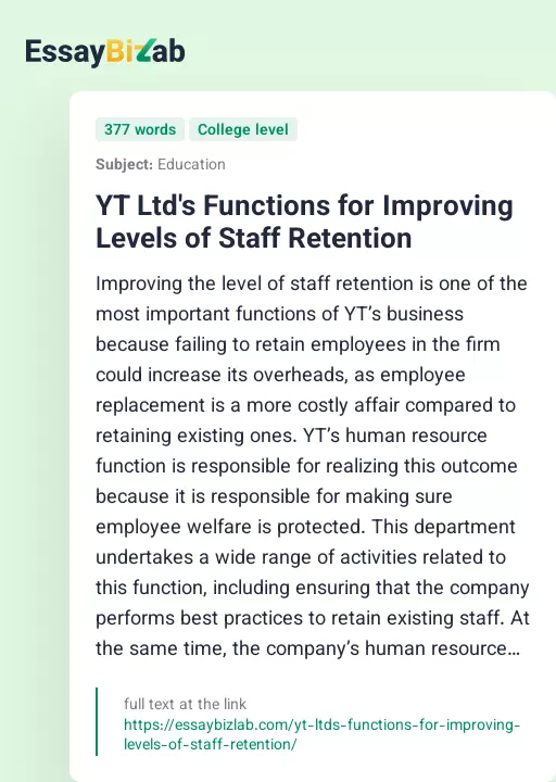 YT Ltd's Functions for Improving Levels of Staff Retention - Essay Preview