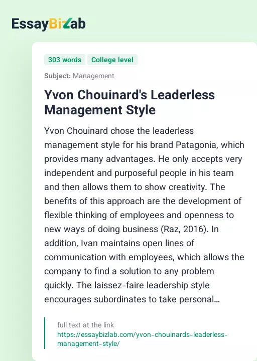 Yvon Chouinard's Leaderless Management Style - Essay Preview