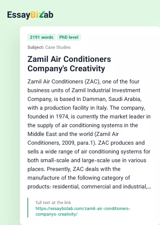 Zamil Air Conditioners Company's Creativity - Essay Preview