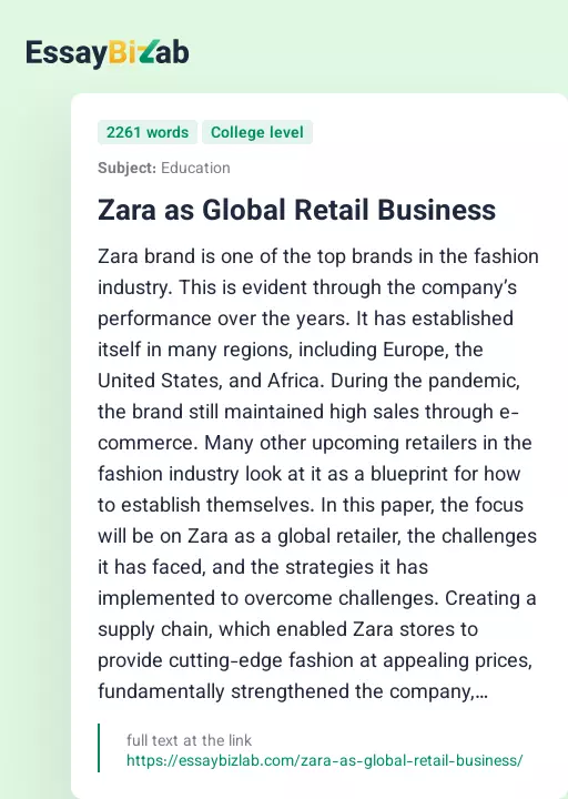 Zara as Global Retail Business - Essay Preview