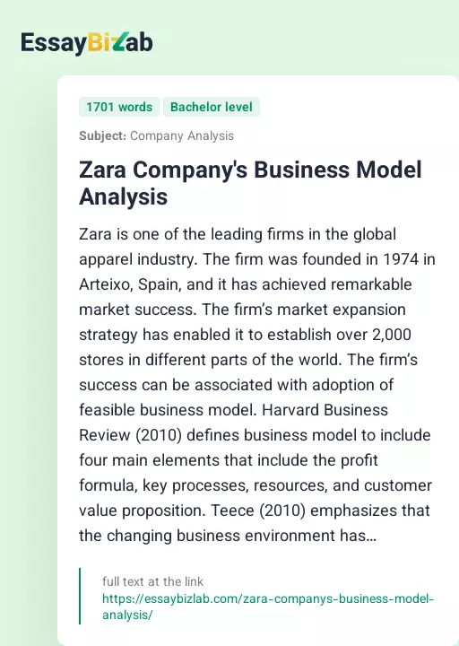 Zara Company's Business Model Analysis - Essay Preview
