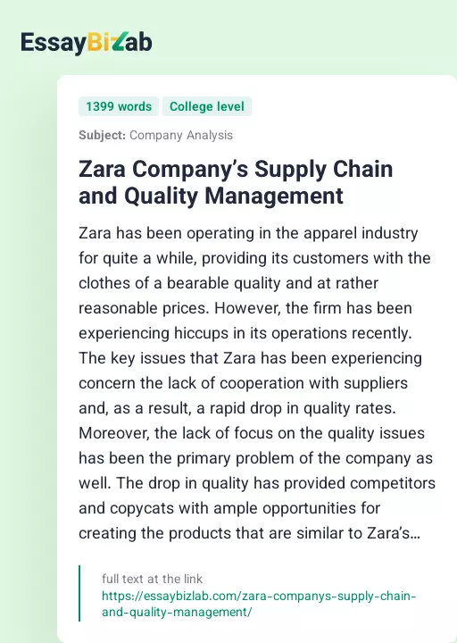 Zara Company’s Supply Chain and Quality Management - Essay Preview