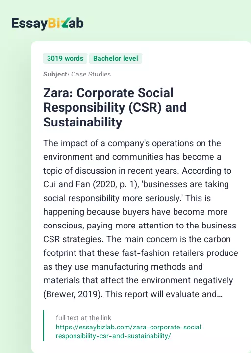 Zara: Corporate Social Responsibility (CSR) and Sustainability - Essay Preview