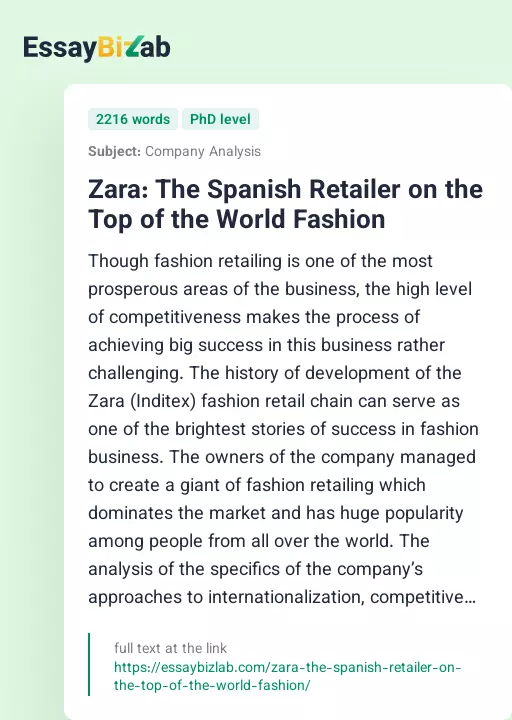 Zara: The Spanish Retailer on the Top of the World Fashion - Essay Preview
