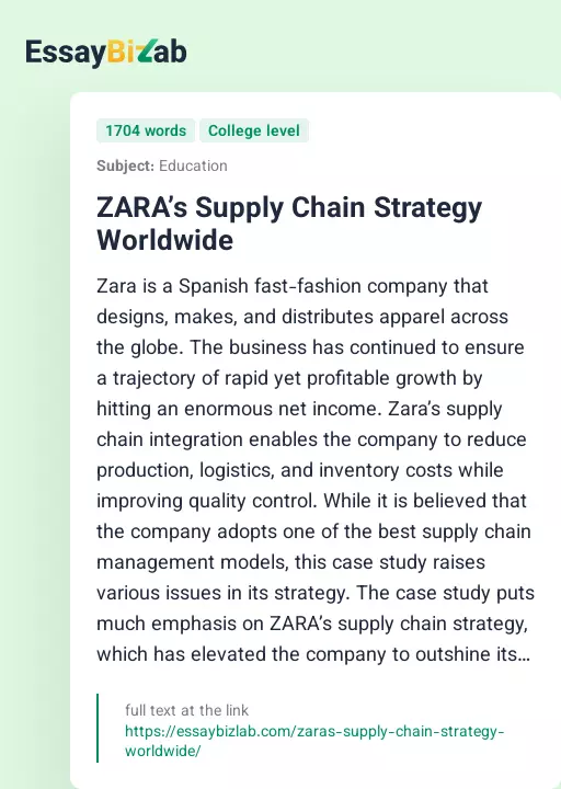 ZARA’s Supply Chain Strategy Worldwide - Essay Preview