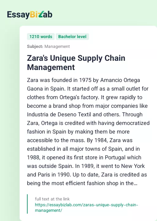 Zara's Unique Supply Chain Management - Essay Preview