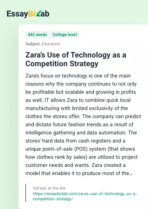 Zara's Use of Technology as a Competition Strategy - Essay Preview
