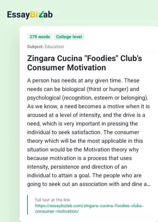 Zingara Cucina "Foodies" Club's Consumer Motivation - Essay Preview