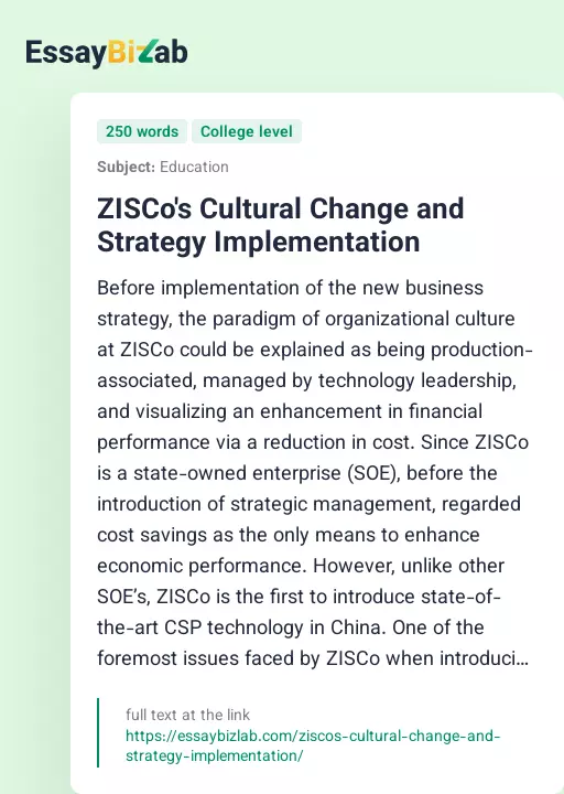 ZISCo's Cultural Change and Strategy Implementation - Essay Preview
